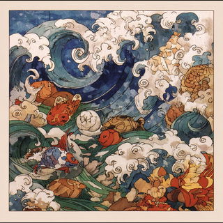 Ukiyo Dragoncut style, Midjourney V7: creative pattern composition