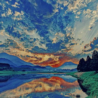 Ukiyo Dragoncut style, Midjourney V7: realistic landscape photograph of quiet dawn