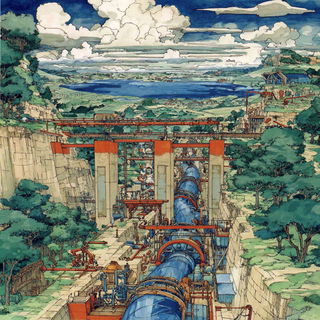 Ukiyo Dragoncut style, Midjourney V7: technical infrastructure blueprint schematics