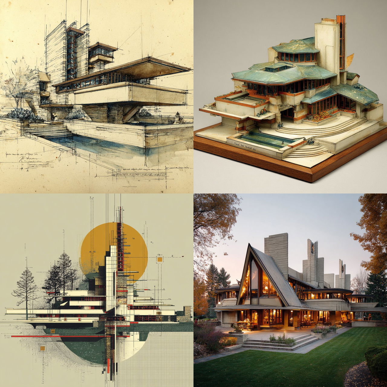 Frank Lloyd Wright style, Midjourney V7, render 1 of 4