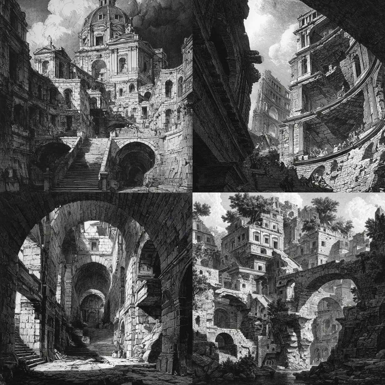 Giovanni Battista Piranesi style, Midjourney V7, render 1 of 4
