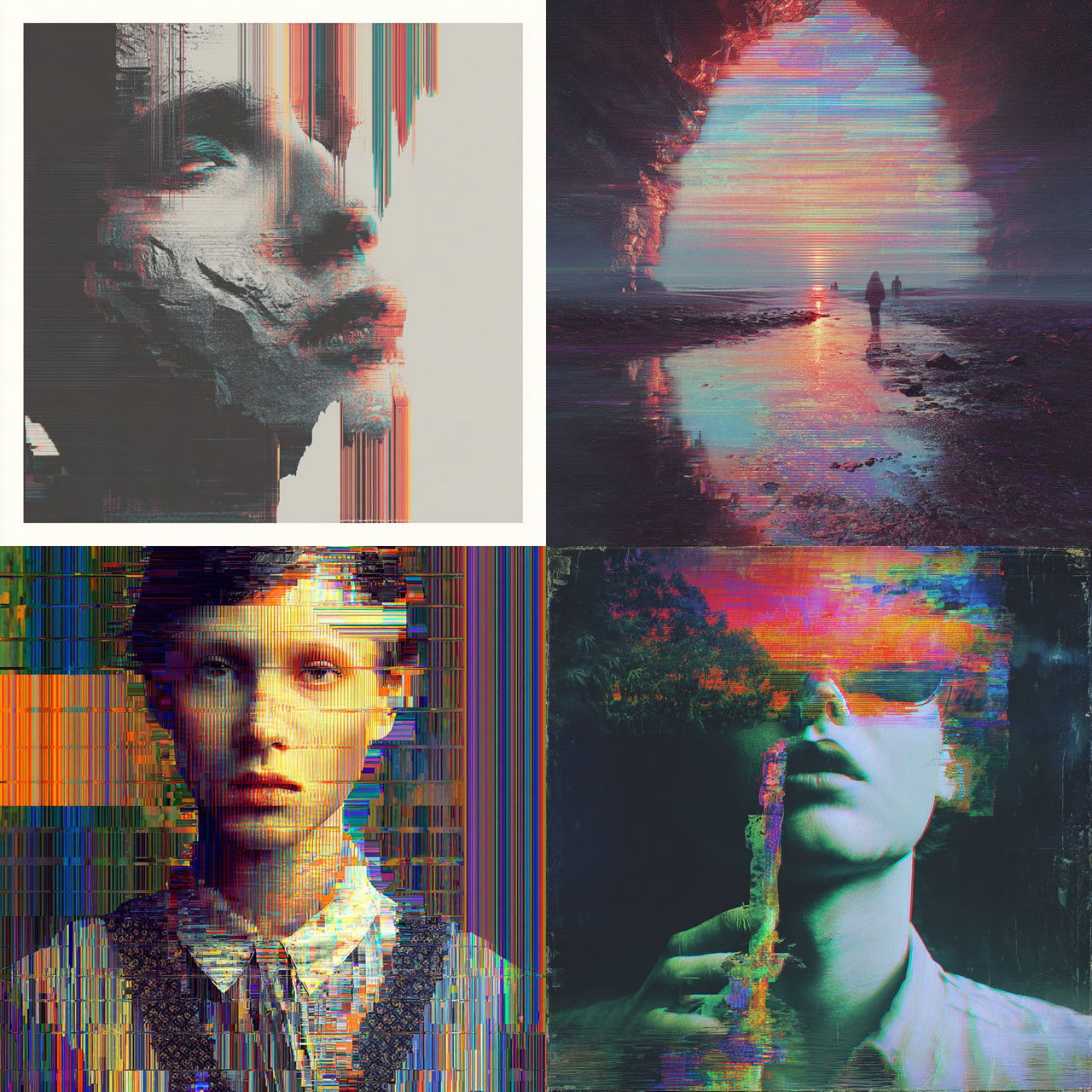 Glitch art style, Midjourney V7, render 1 of 4