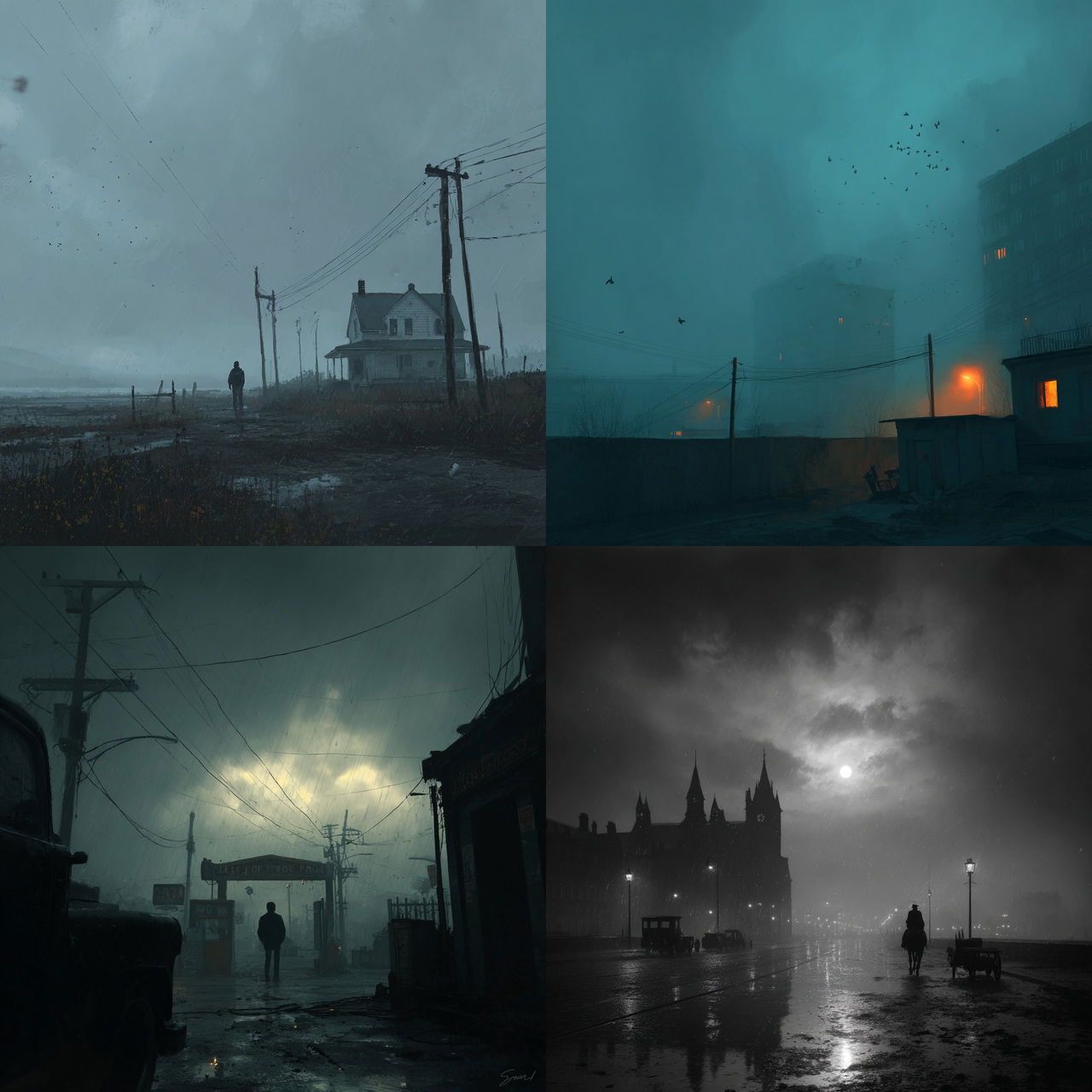 Gloomy atmosphere style, Midjourney V7, render 1 of 4