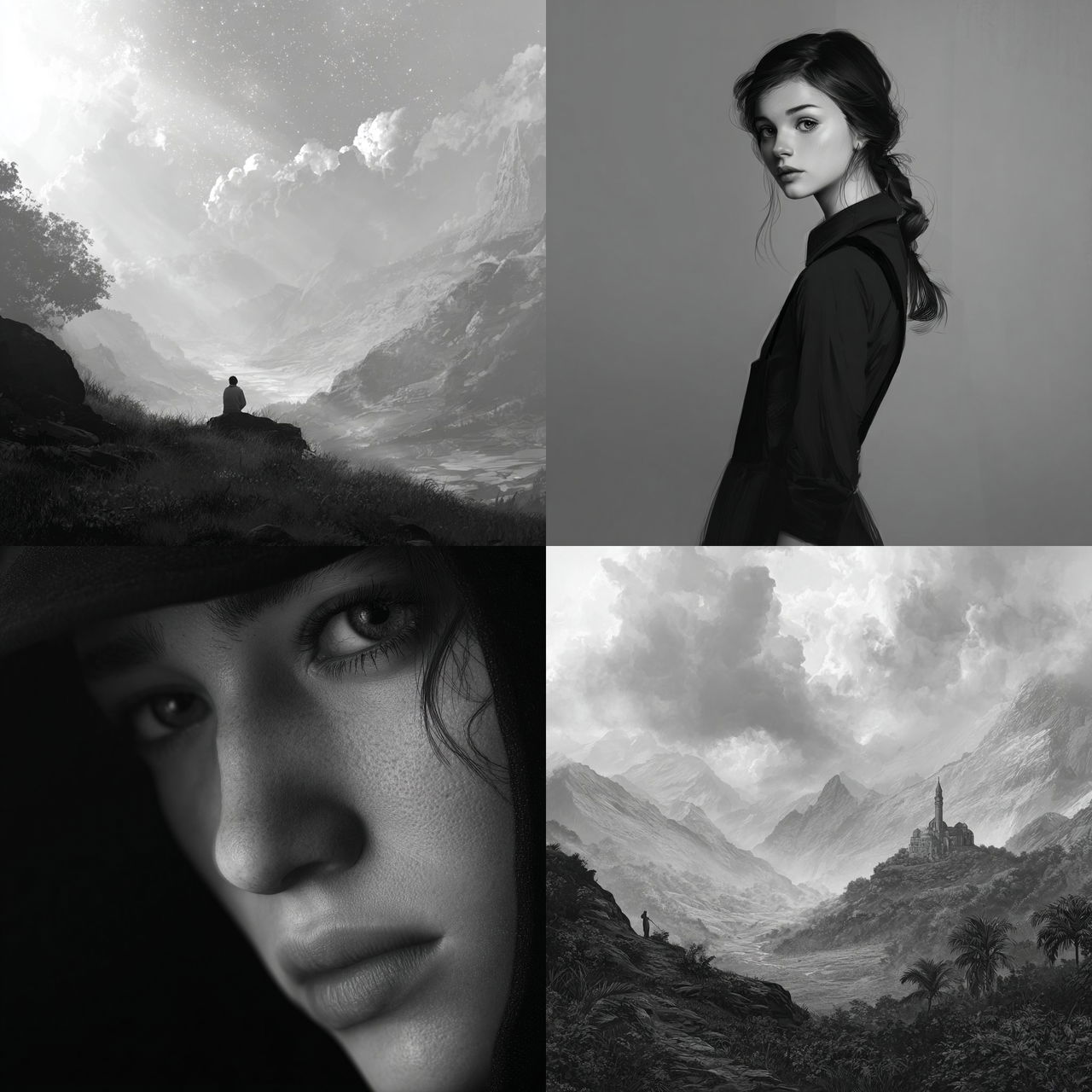 Grayscale style, Midjourney V7, render 1 of 4