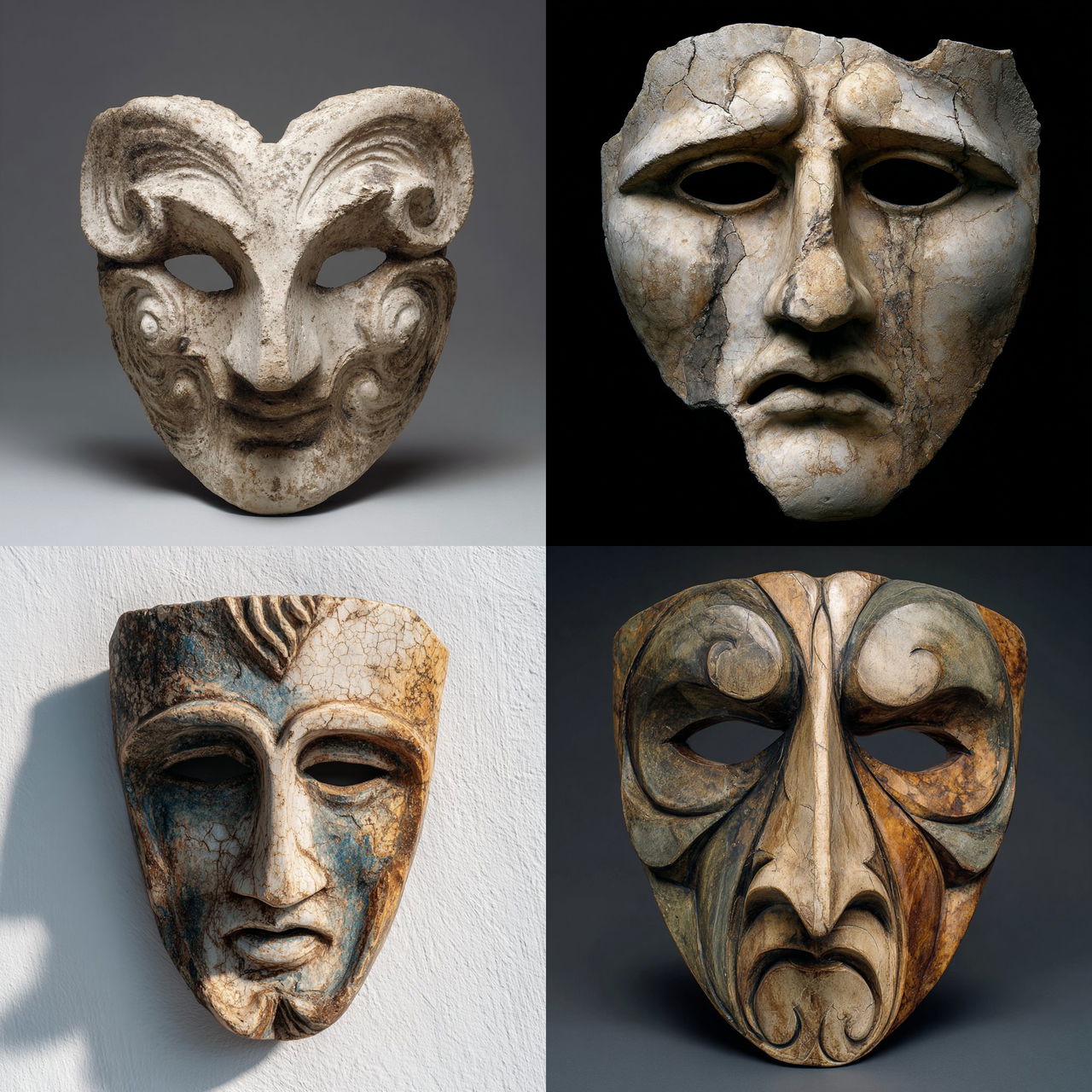 Greek Theatre mask style, Midjourney V7, render 1 of 4