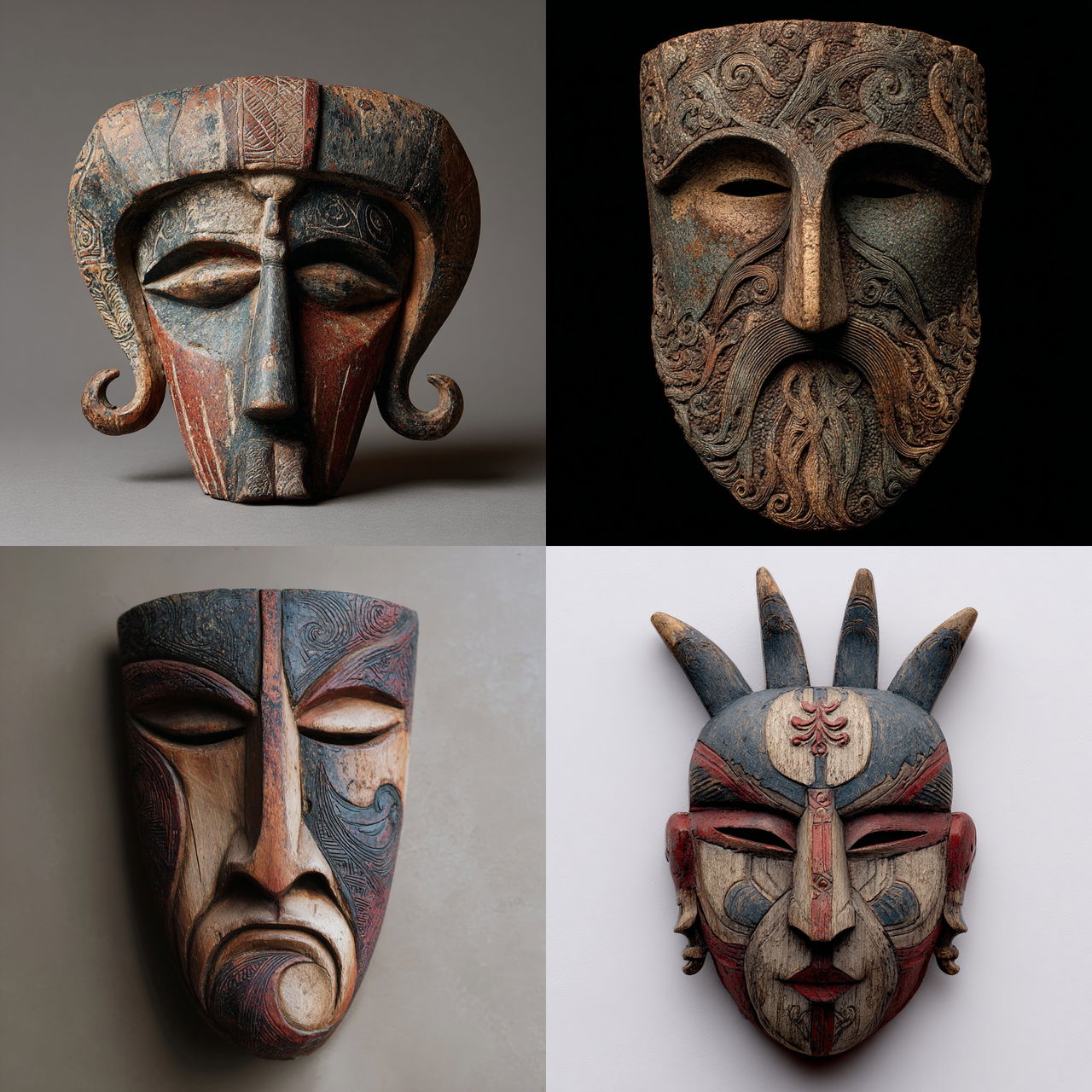 Hudoq mask style, Midjourney V7, render 1 of 4