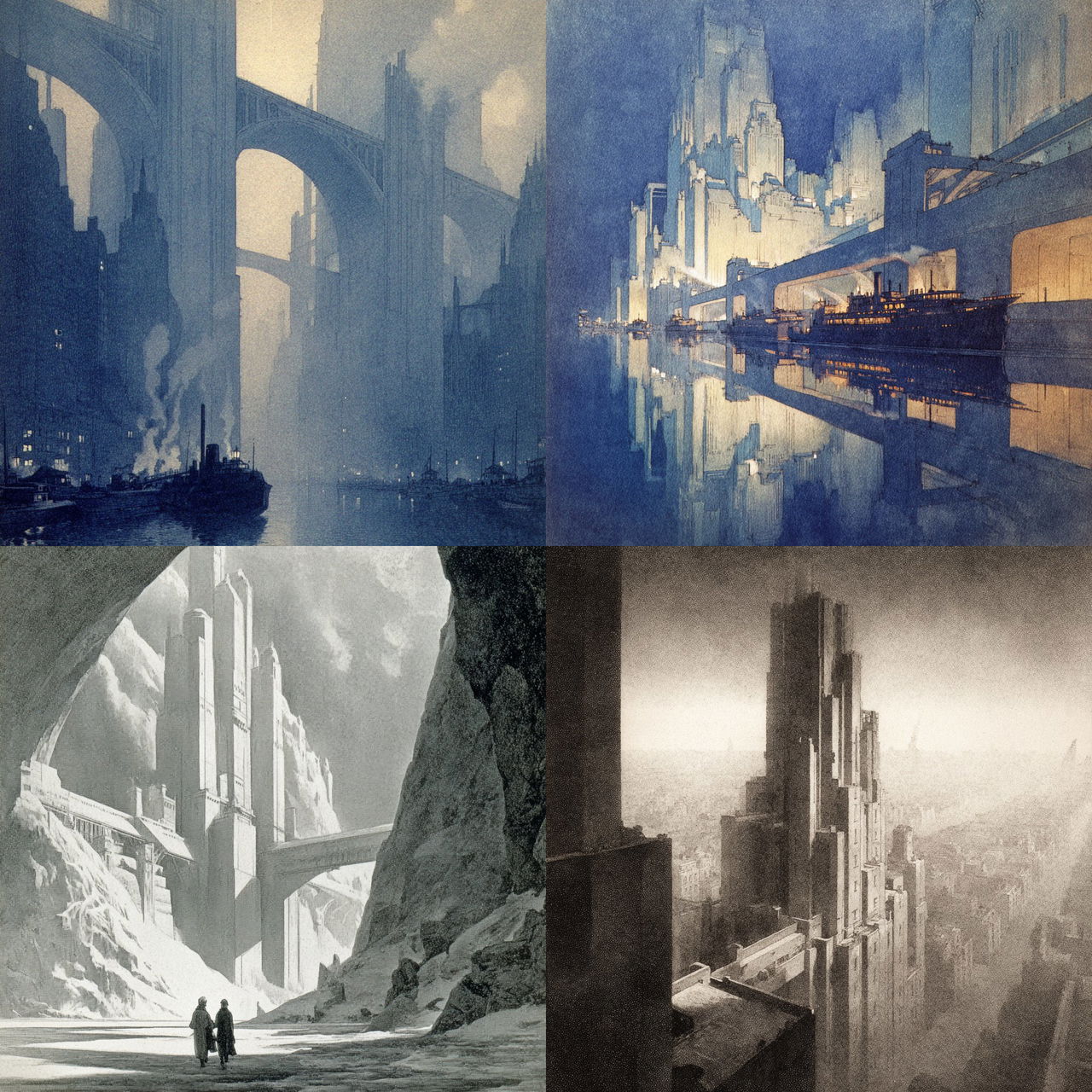 Hugh Ferriss style, Midjourney V7, render 1 of 4