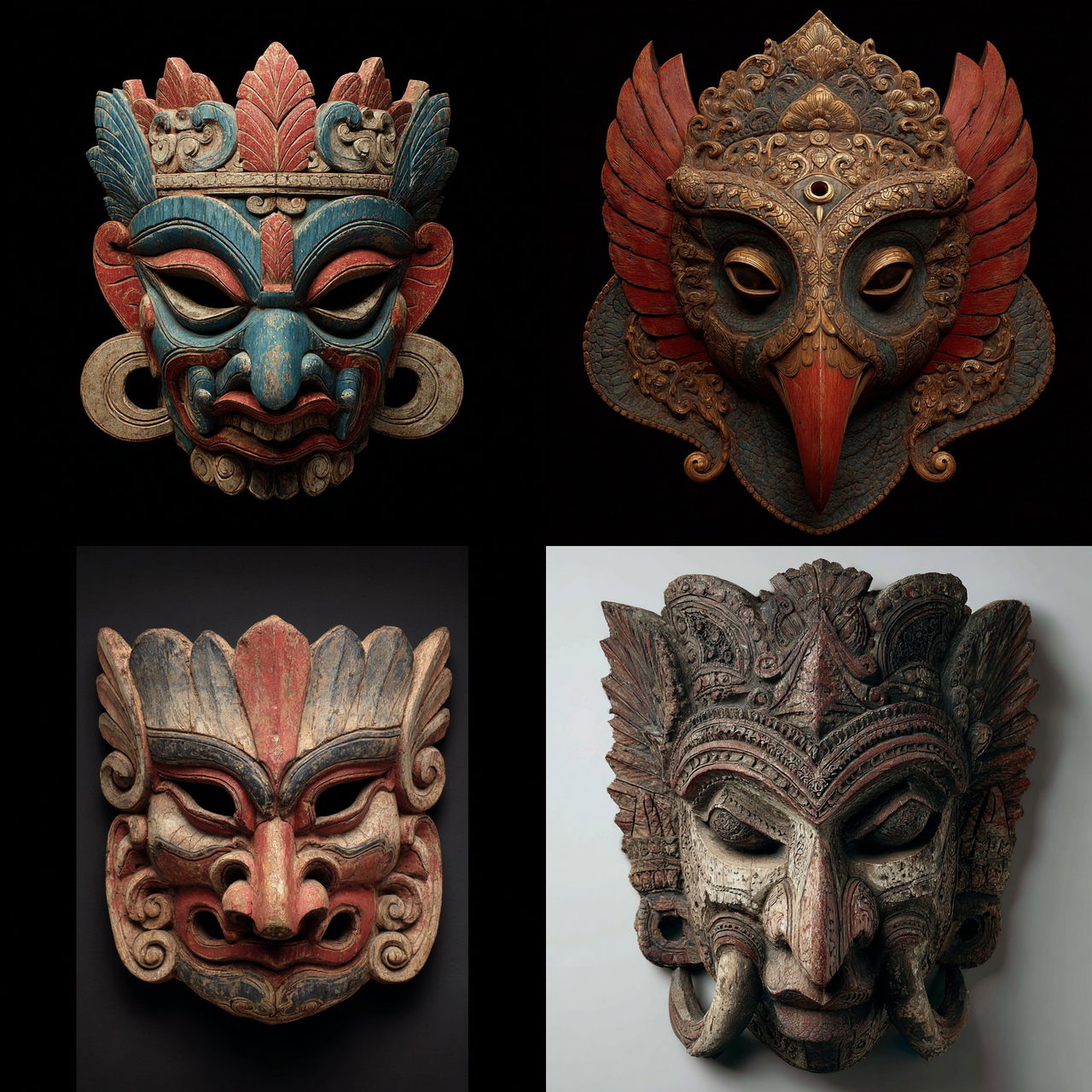 Indonesian mask style, Midjourney V7, render 1 of 4