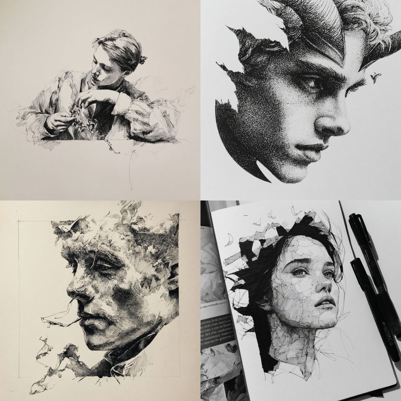 Ink drawing style, Midjourney V7, render 1 of 4