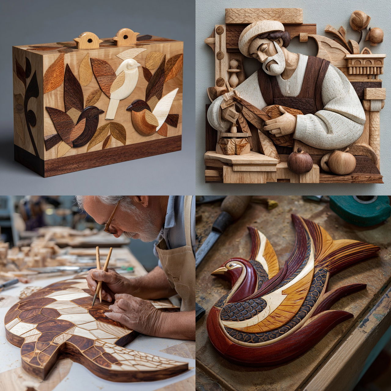Intarsia woodworking style, Midjourney V7, render 1 of 4