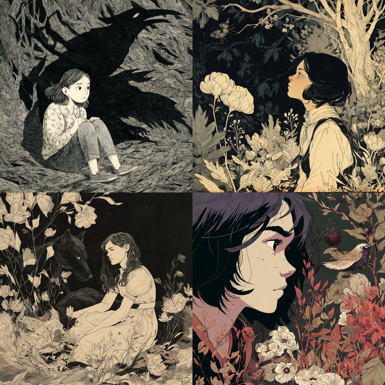 Jillian Tamaki style, Midjourney V7, render 1 of 4