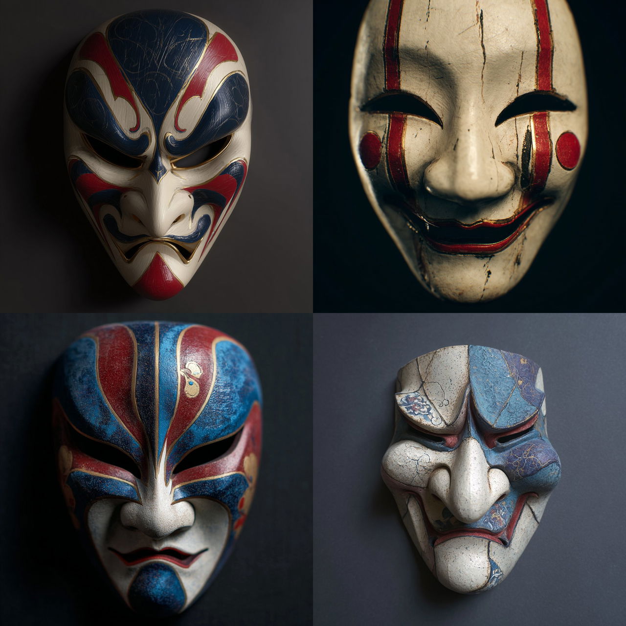 Kabuki mask style, Midjourney V7, render 1 of 4