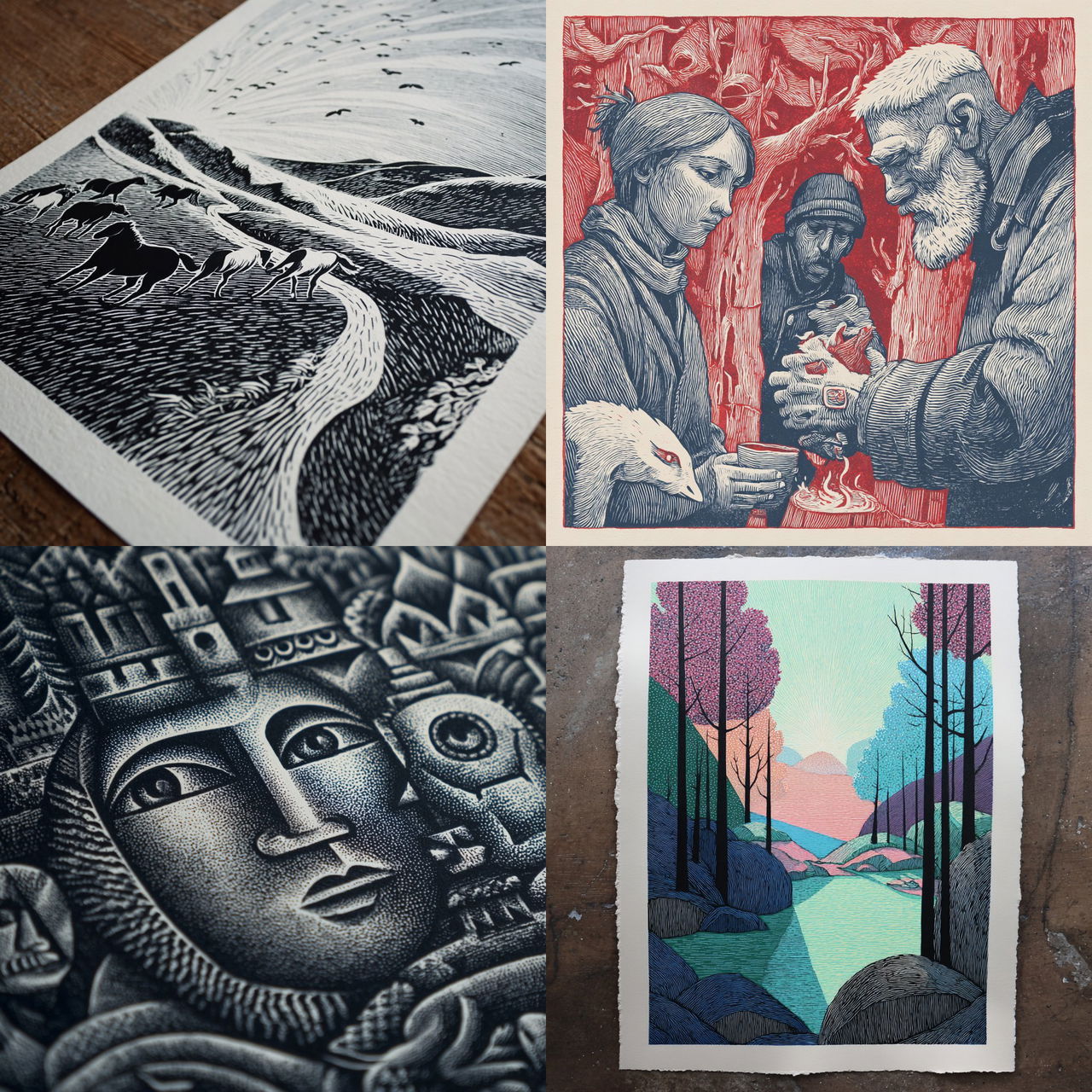 Linocut print style, Midjourney V7, render 1 of 4