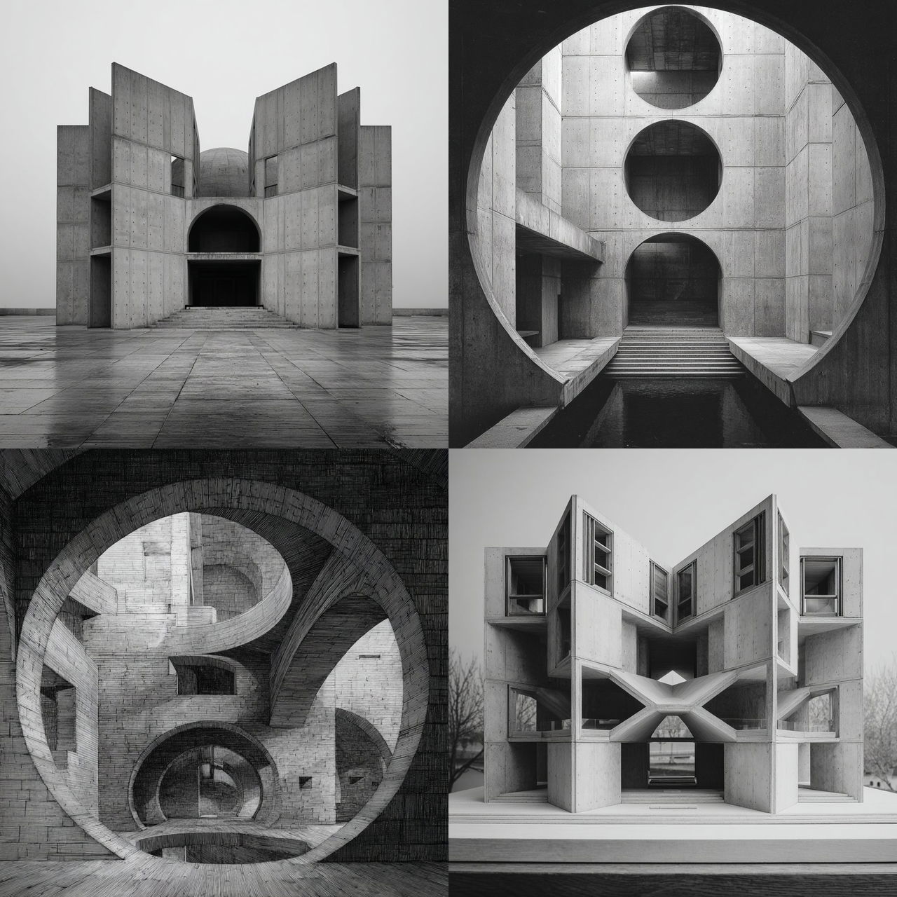 Louis Kahn style, Midjourney V7, render 1 of 4
