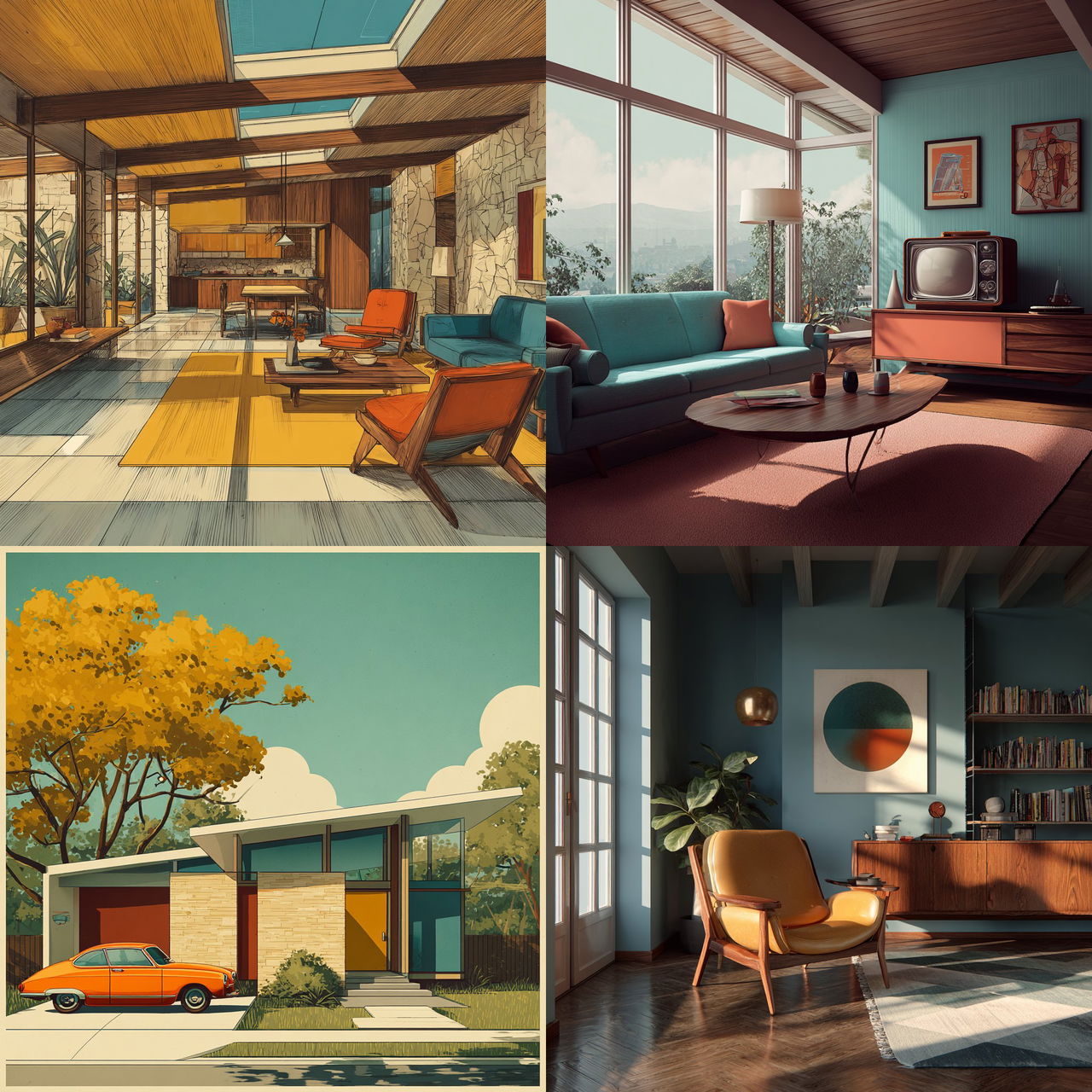 Mid-century modern style, Midjourney V7, render 1 of 4