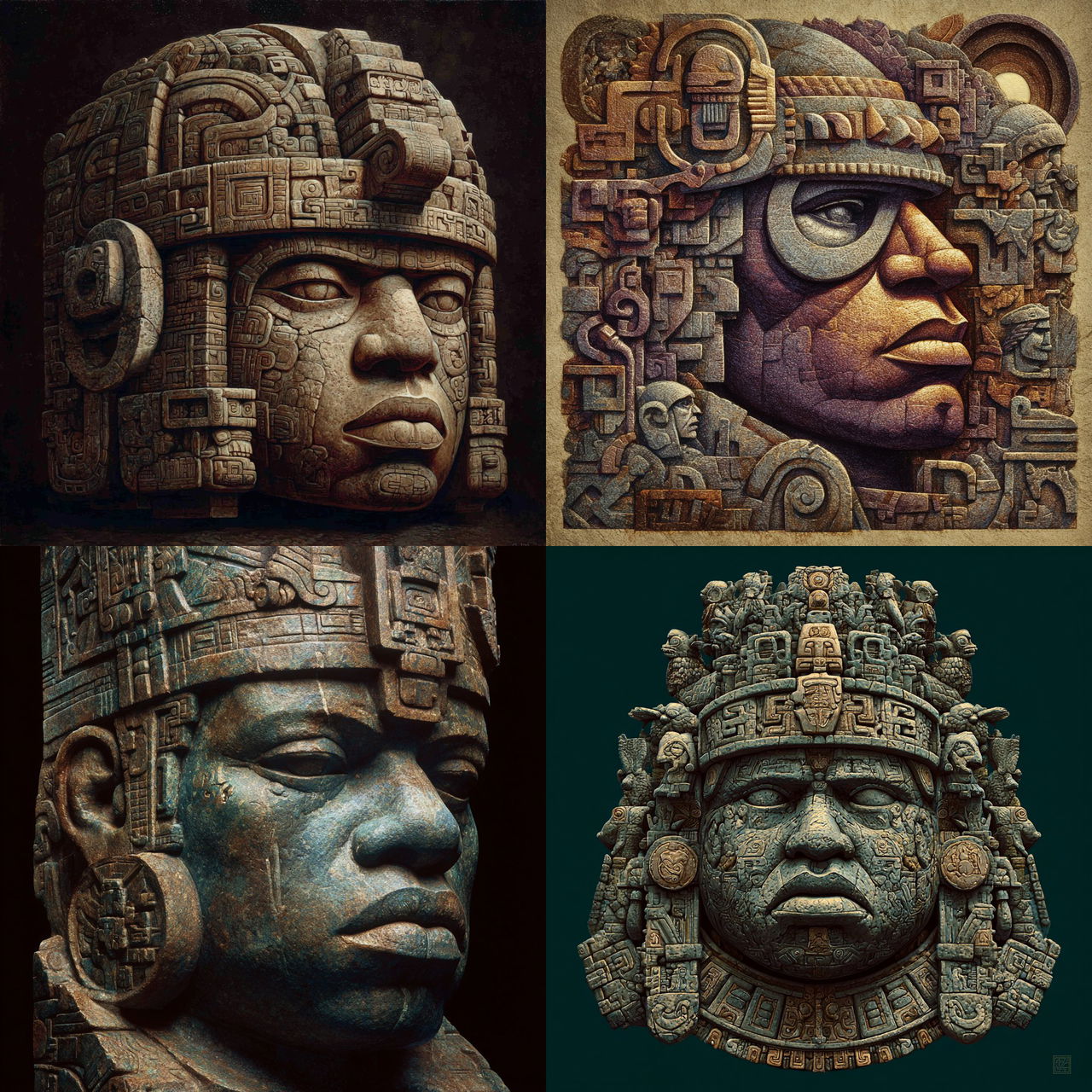 Olmec art style, Midjourney V7, render 1 of 4