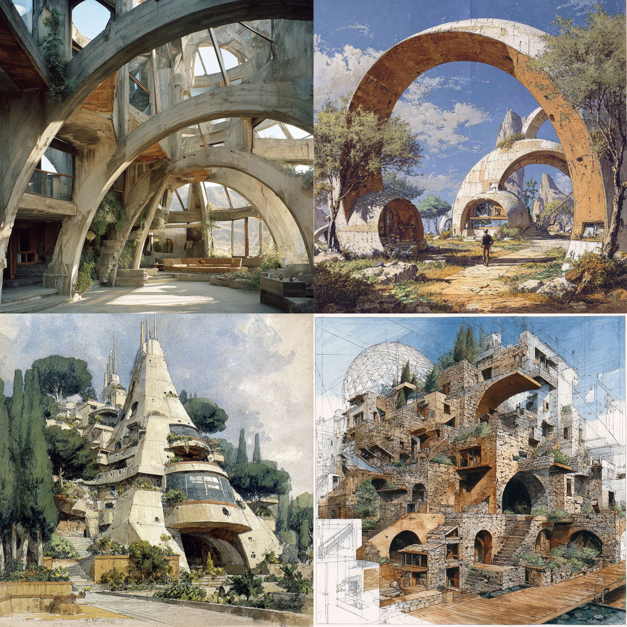 Paolo Soleri style, Midjourney V7, render 1 of 4