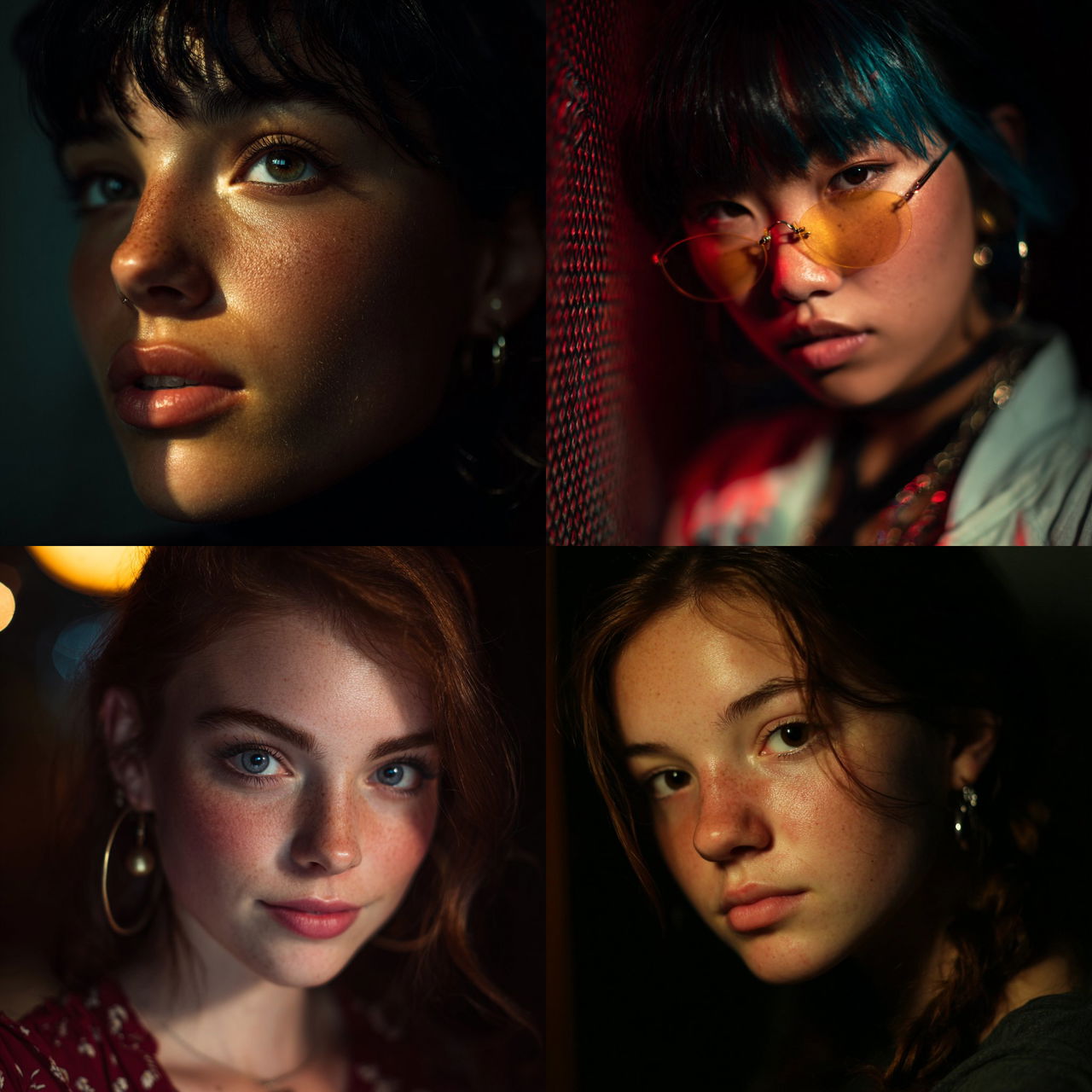 Portrait shot with bottom lighting style, Midjourney V7, render 1 of 4
