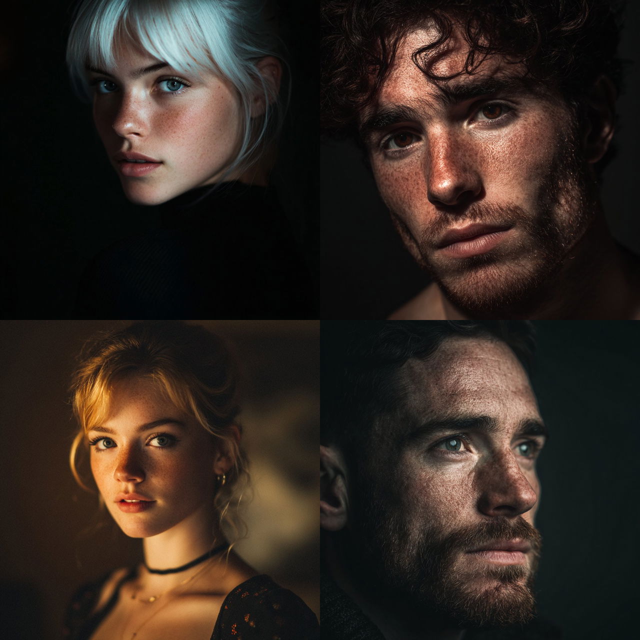 Portrait shot with hard lighting style, Midjourney V7, render 1 of 4