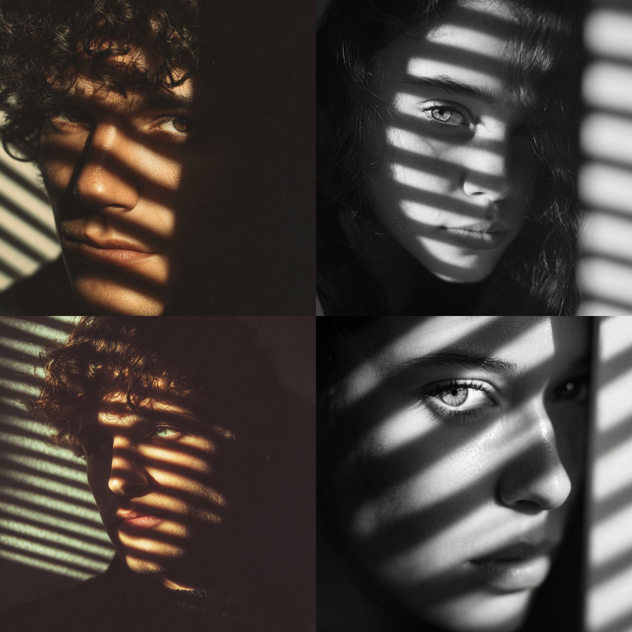 Portrait shot with light and shadow from window blinds style, Midjourney V7, render 1 of 4