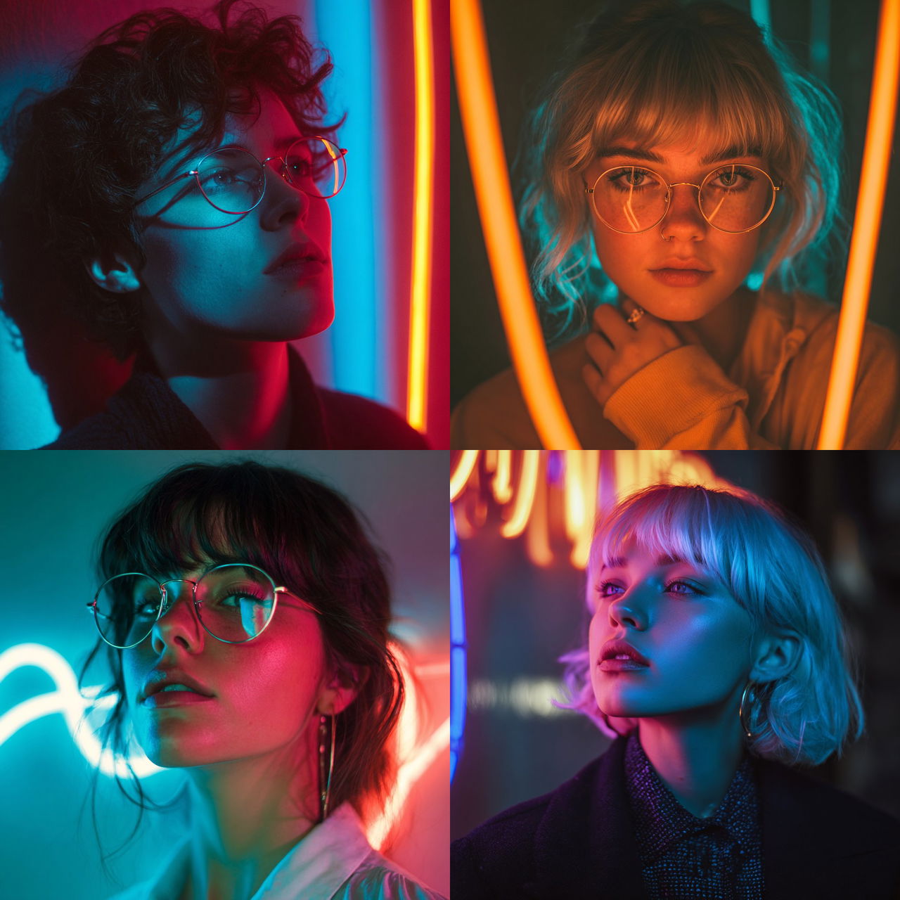 Portrait shot with neon lighting style, Midjourney V7, render 1 of 4