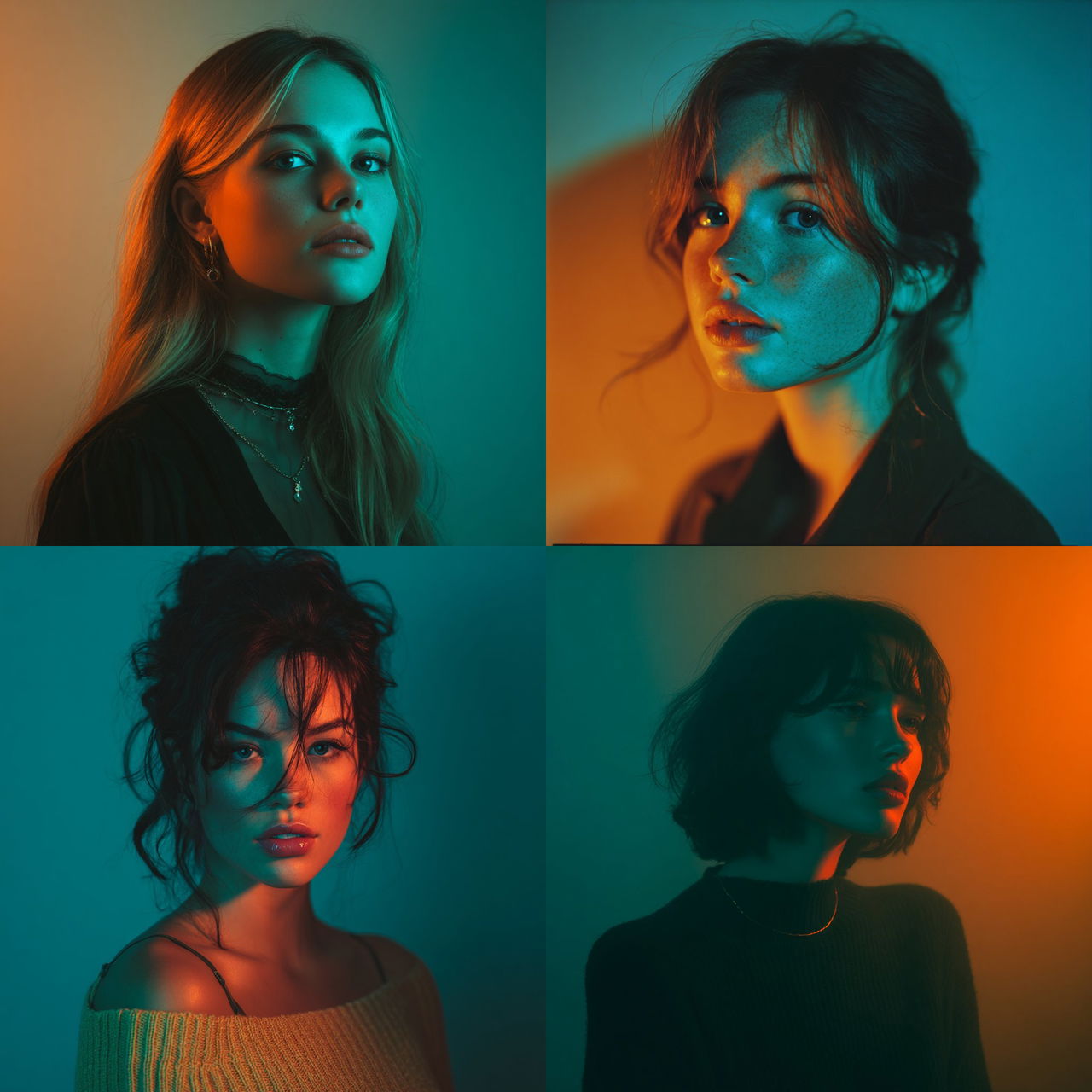 Portrait shot with peach and cyan lighting style, Midjourney V7, render 1 of 4