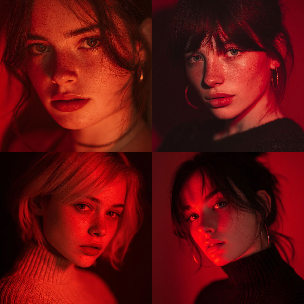 Portrait shot with red light style, Midjourney V7, render 1 of 4
