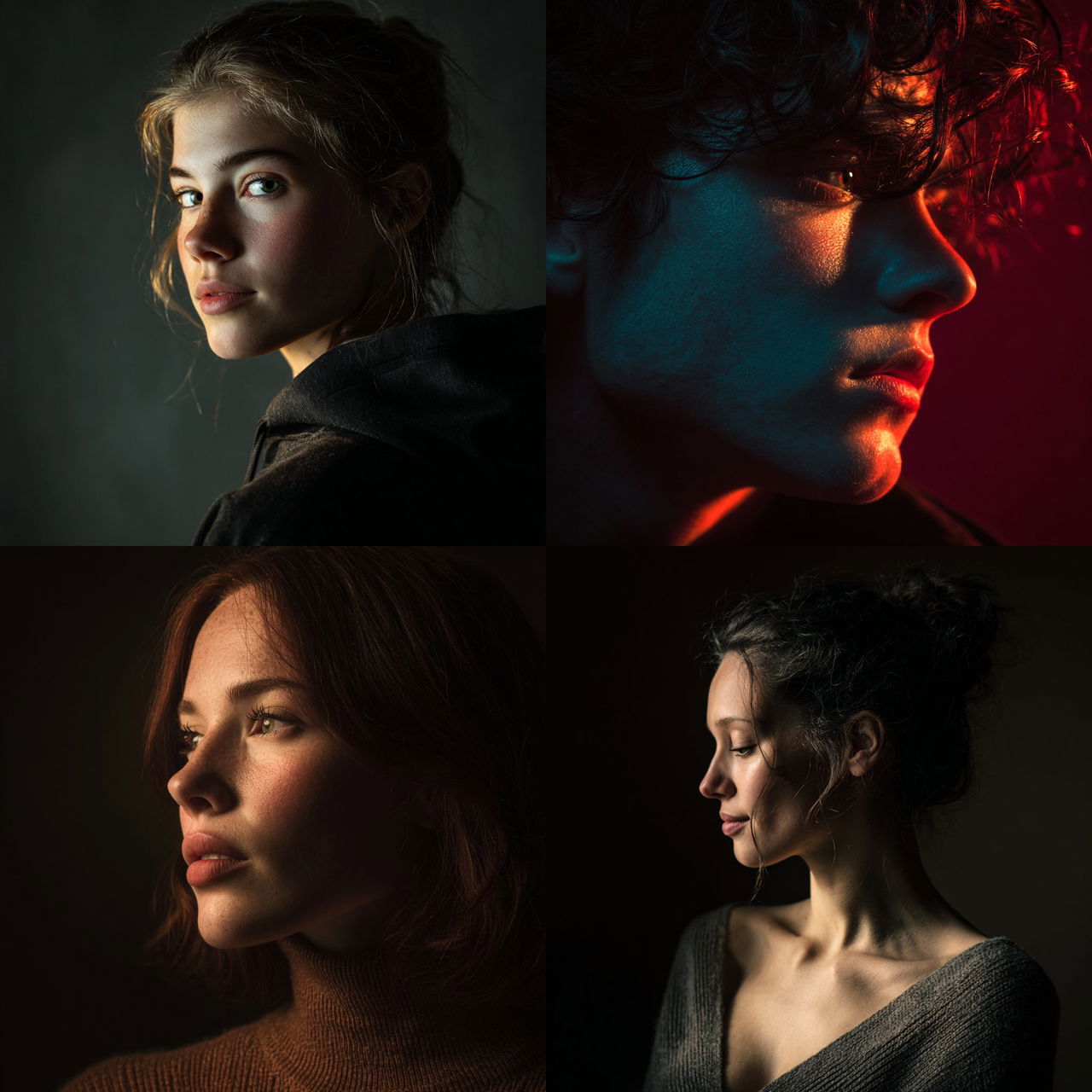 Portrait shot with side lighting style, Midjourney V7, render 1 of 4