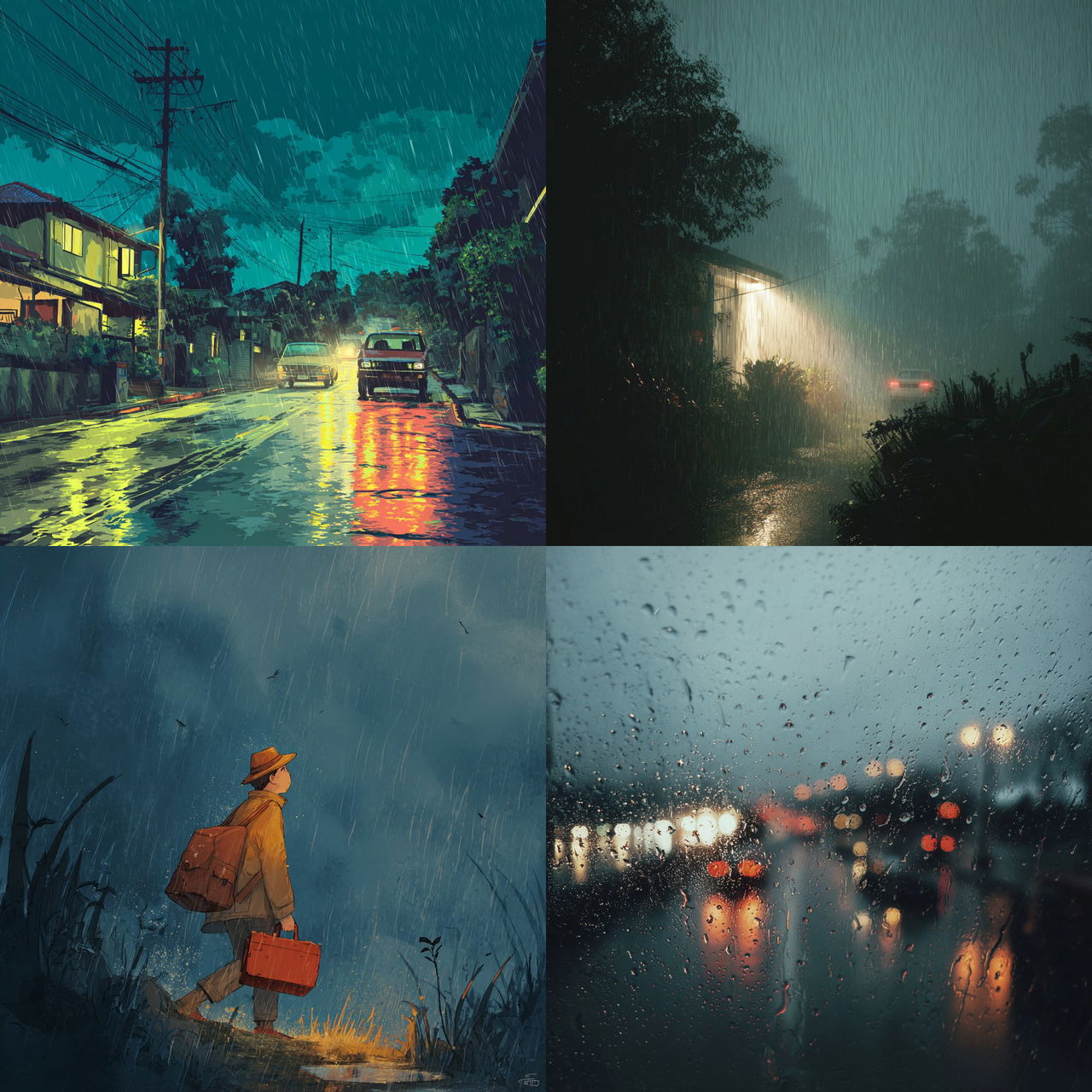 Pouring rain style, Midjourney V7, render 1 of 4