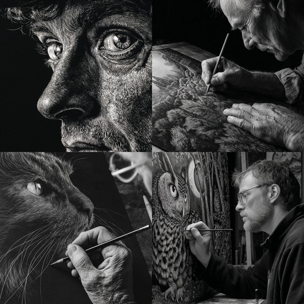 Scratchboard art style, Midjourney V7, render 1 of 4