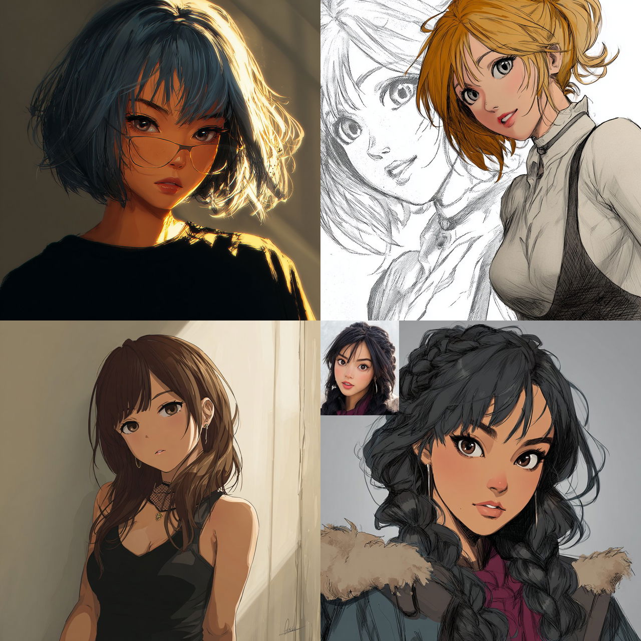 Semi-realistic anime style style, Midjourney V7, render 1 of 4