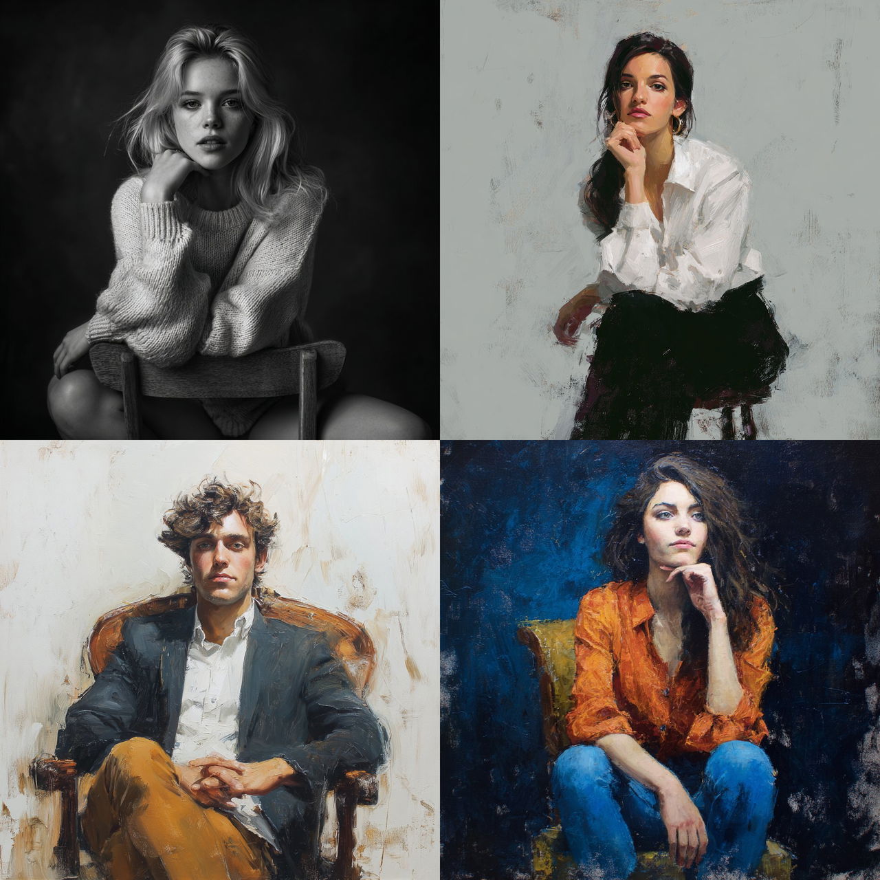 Sitting portrait style, Midjourney V7, render 1 of 4