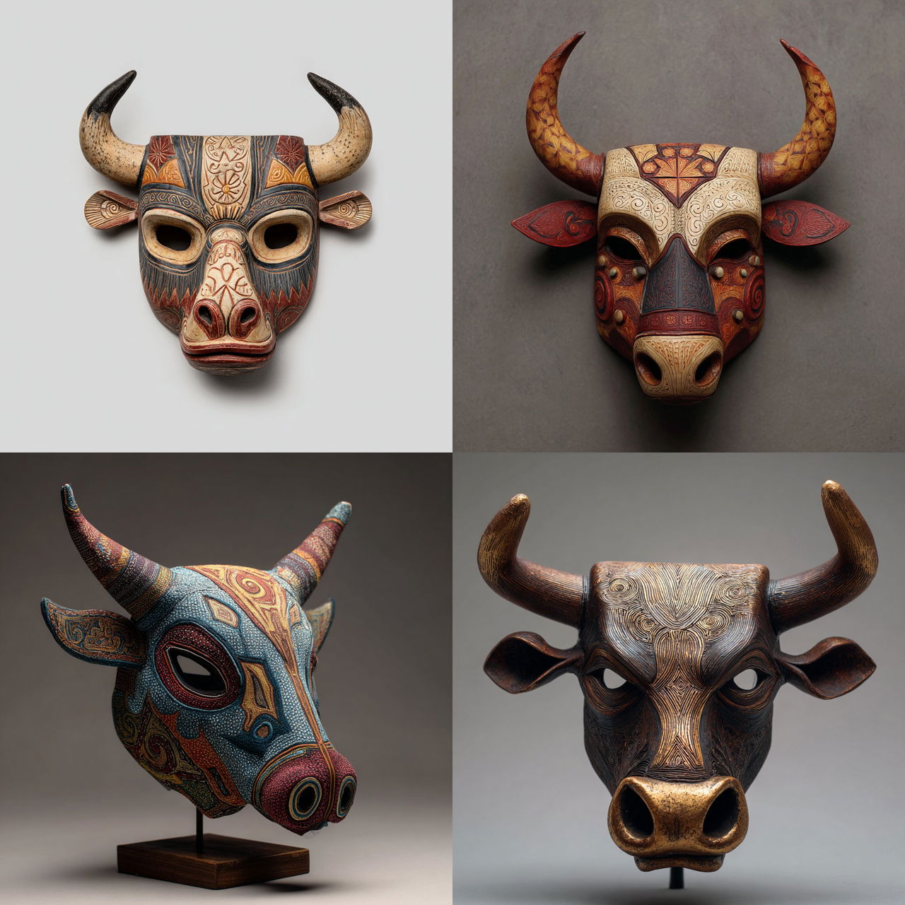 Torito mask style, Midjourney V7, render 1 of 4