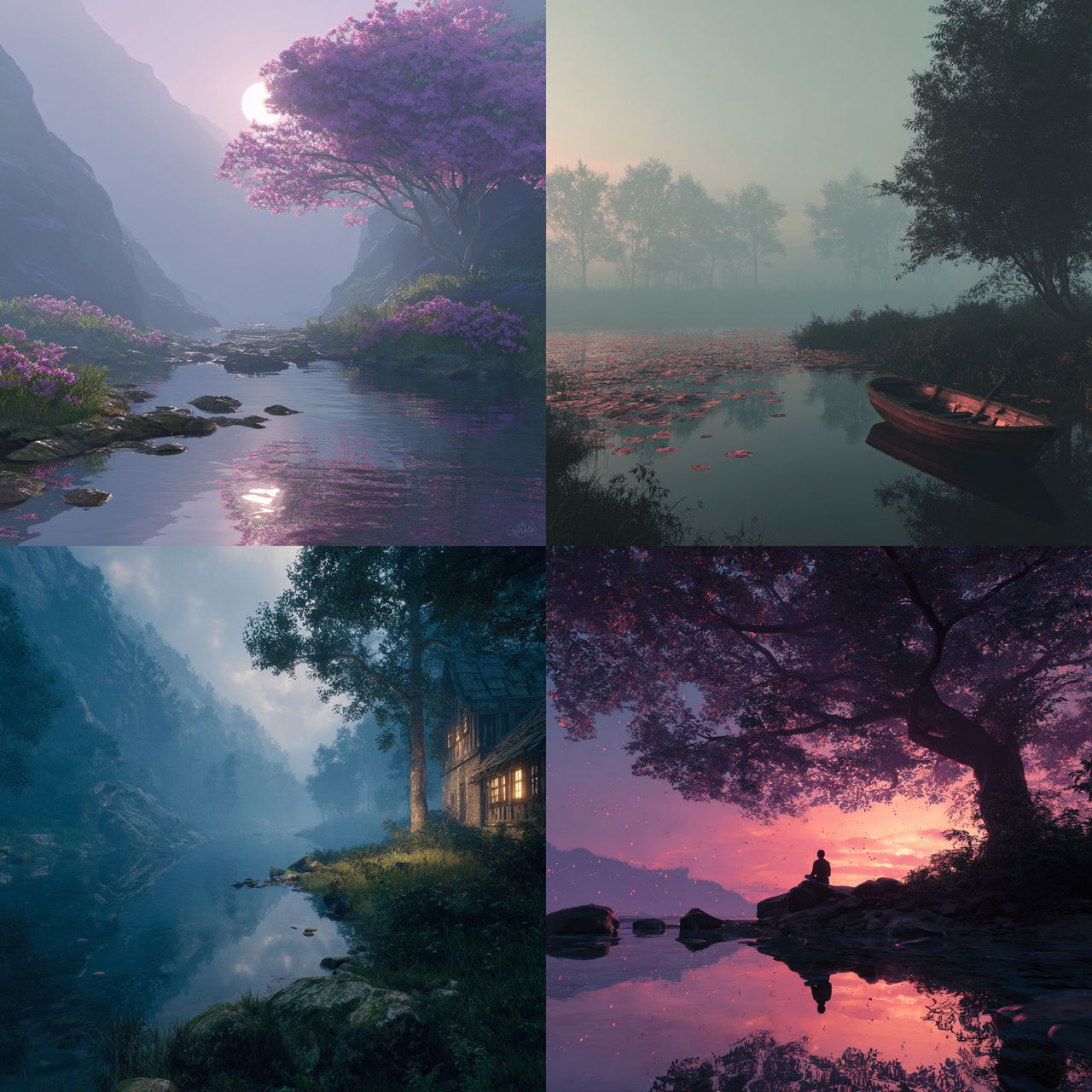 Tranquil atmosphere style, Midjourney V7, render 1 of 4