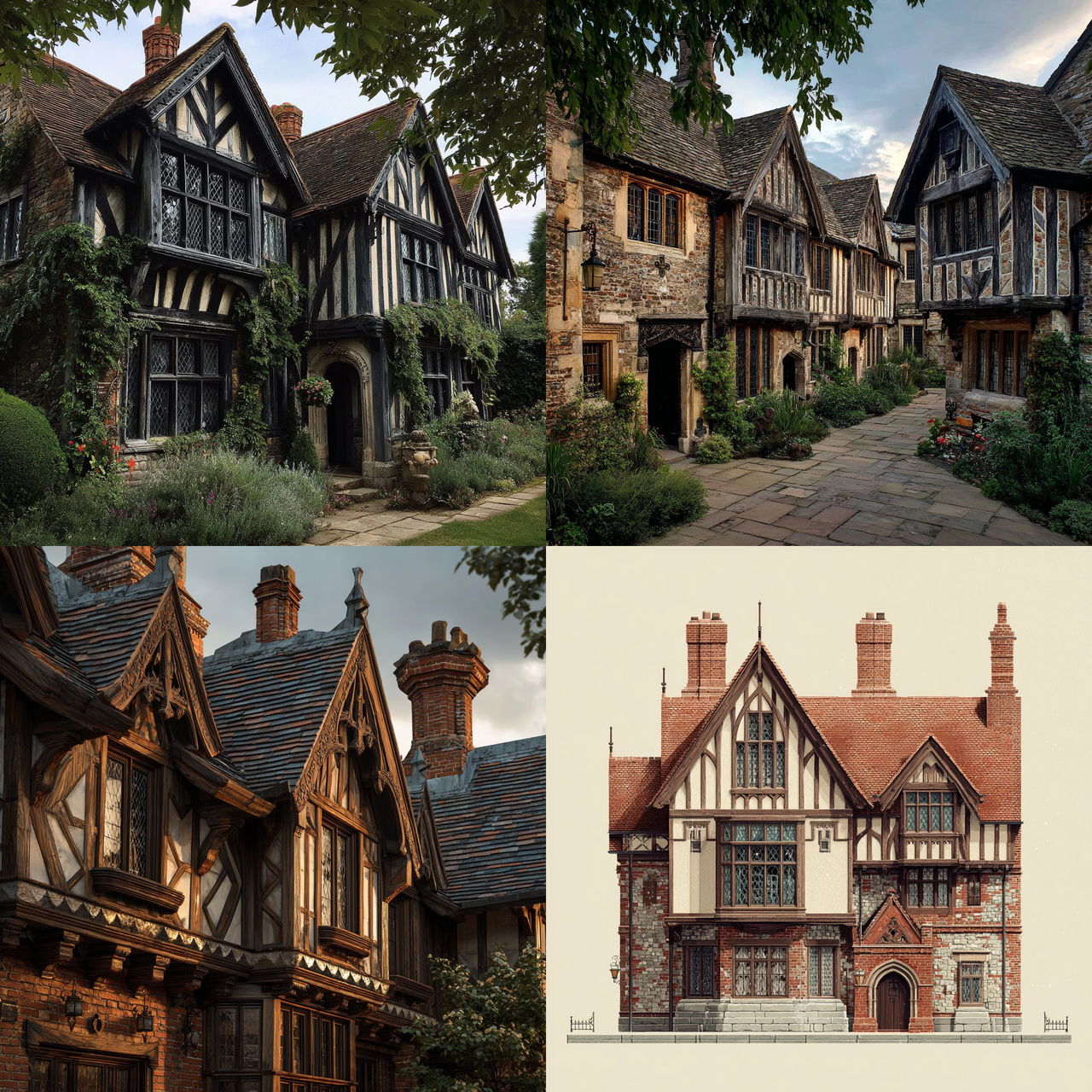Tudor architecture style, Midjourney V7, render 1 of 4