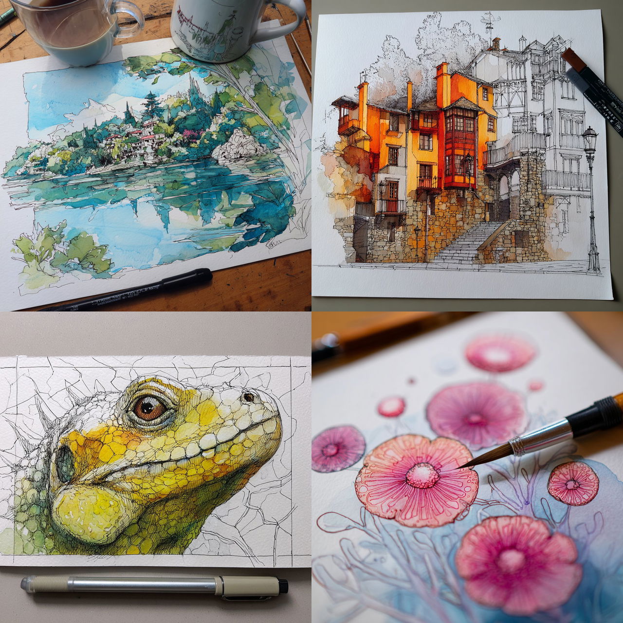 Watercolor with ink pen outline style, Midjourney V7, render 1 of 4