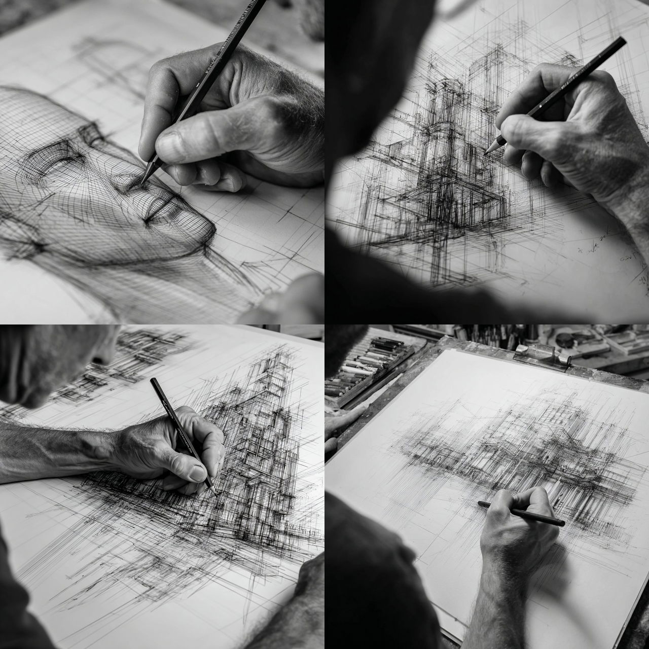 Wireframe drawing style, Midjourney V7, render 1 of 4
