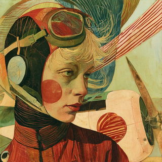 Paper Aviary style, Midjourney V8.2: conceptual portrait photograph of Amelia Earhart