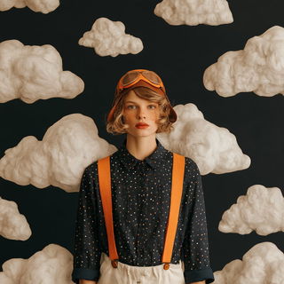 Cloudscarab style, Midjourney V8.2: conceptual portrait photograph of Amelia Earhart