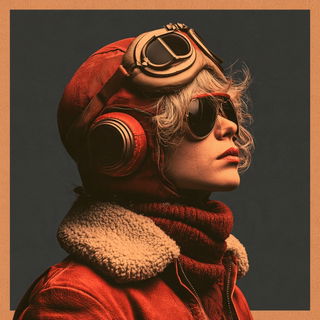 Redblock Chiaroscuro style, Midjourney V8.2: conceptual portrait photograph of Amelia Earhart