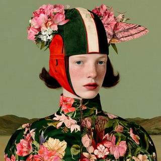Feathergilt style, Midjourney V8.2: conceptual portrait photograph of Amelia Earhart