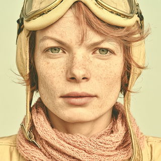 Thornscript style, Midjourney V8.2: conceptual portrait photograph of Amelia Earhart