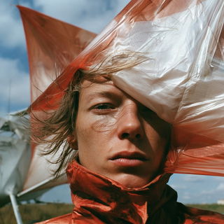 Brutalist Fireblur style, Midjourney V8.2: conceptual portrait photograph of Amelia Earhart