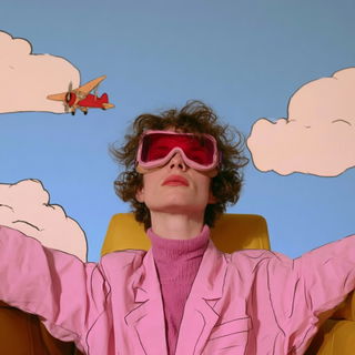 Parrotheon style, Midjourney V8.2: conceptual portrait photograph of Amelia Earhart