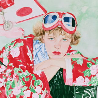 Floraquash style, Midjourney V8.2: conceptual portrait photograph of Amelia Earhart