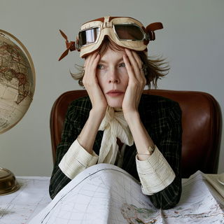 Maquette Couture style, Midjourney V8.2: conceptual portrait photograph of Amelia Earhart
