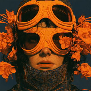 Skullstep style, Midjourney V8.2: conceptual portrait photograph of Amelia Earhart