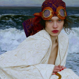 Velvetmarmor style, Midjourney V8.2: conceptual portrait photograph of Amelia Earhart
