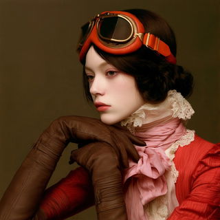 Medalgrain style, Midjourney V8.2: conceptual portrait photograph of Amelia Earhart