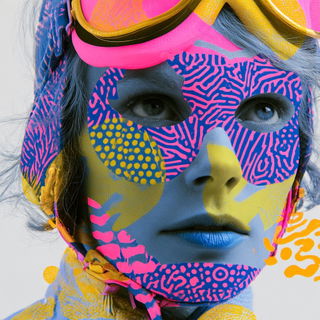 Fluoromosaic style, Midjourney V8.2: conceptual portrait photograph of Amelia Earhart